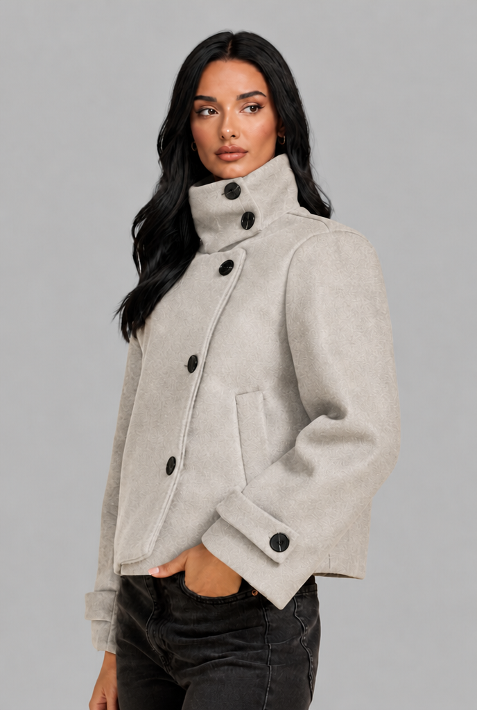 Cropped Funnel Neck Jacket with Asymmetric Buttons