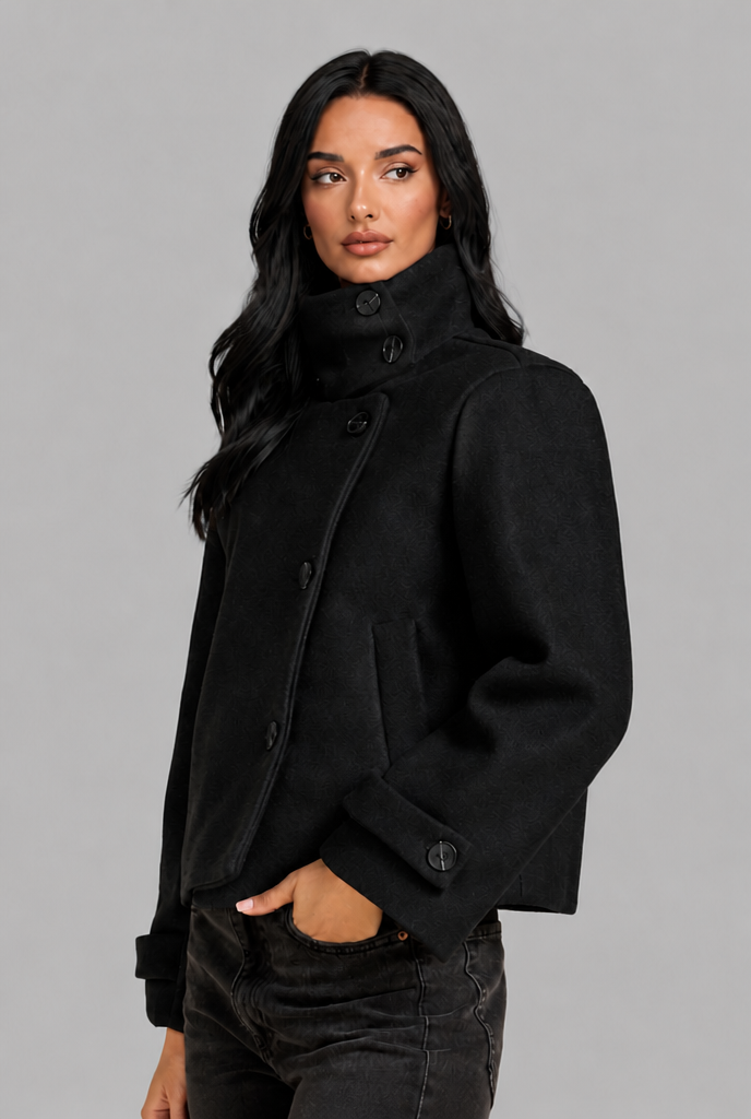 Cropped Funnel Neck Jacket with Asymmetric Buttons