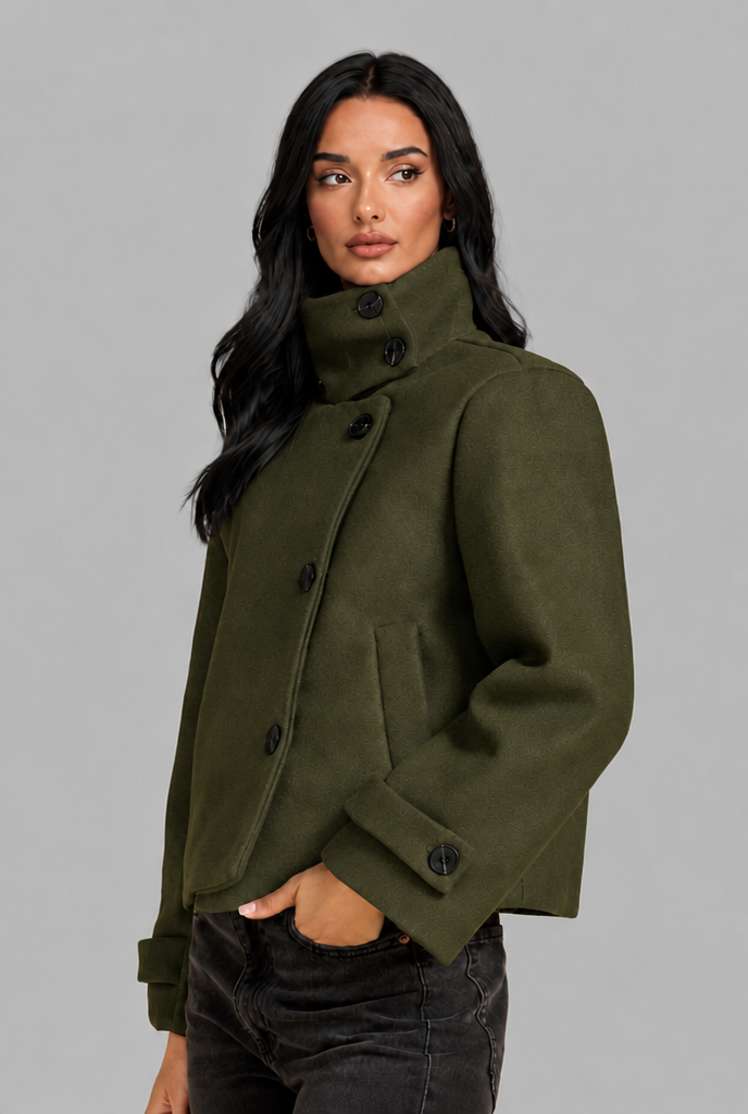 Cropped Funnel Neck Jacket with Asymmetric Buttons