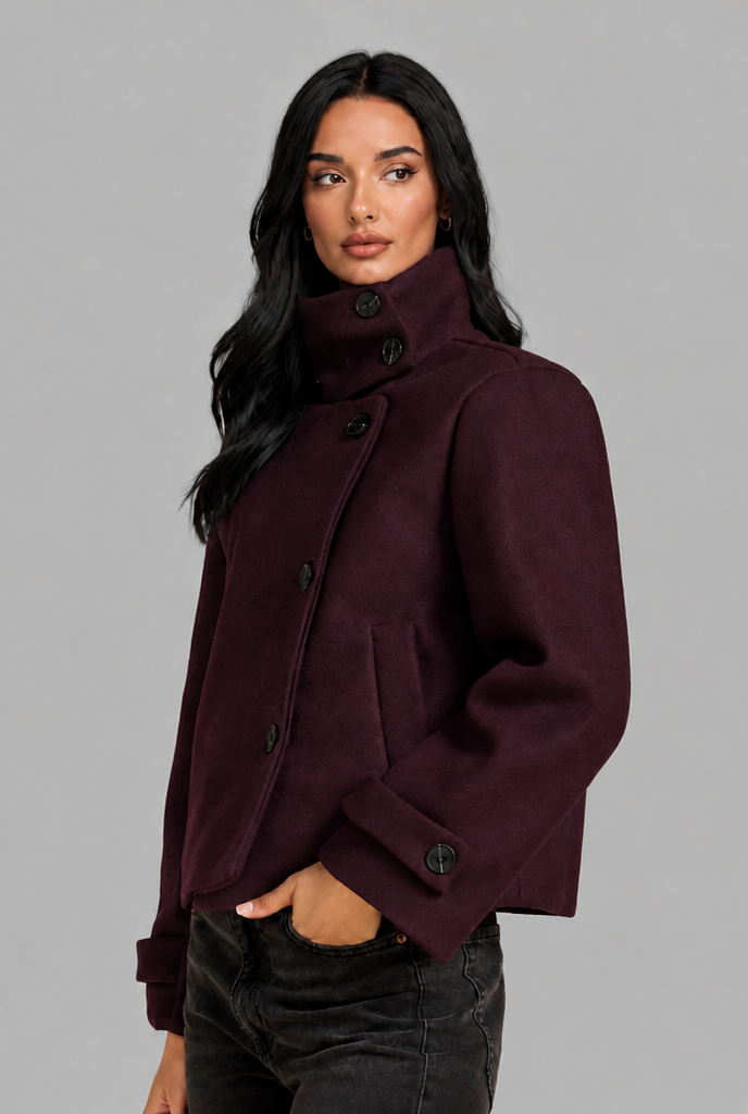 Cropped Funnel Neck Jacket with Asymmetric Buttons