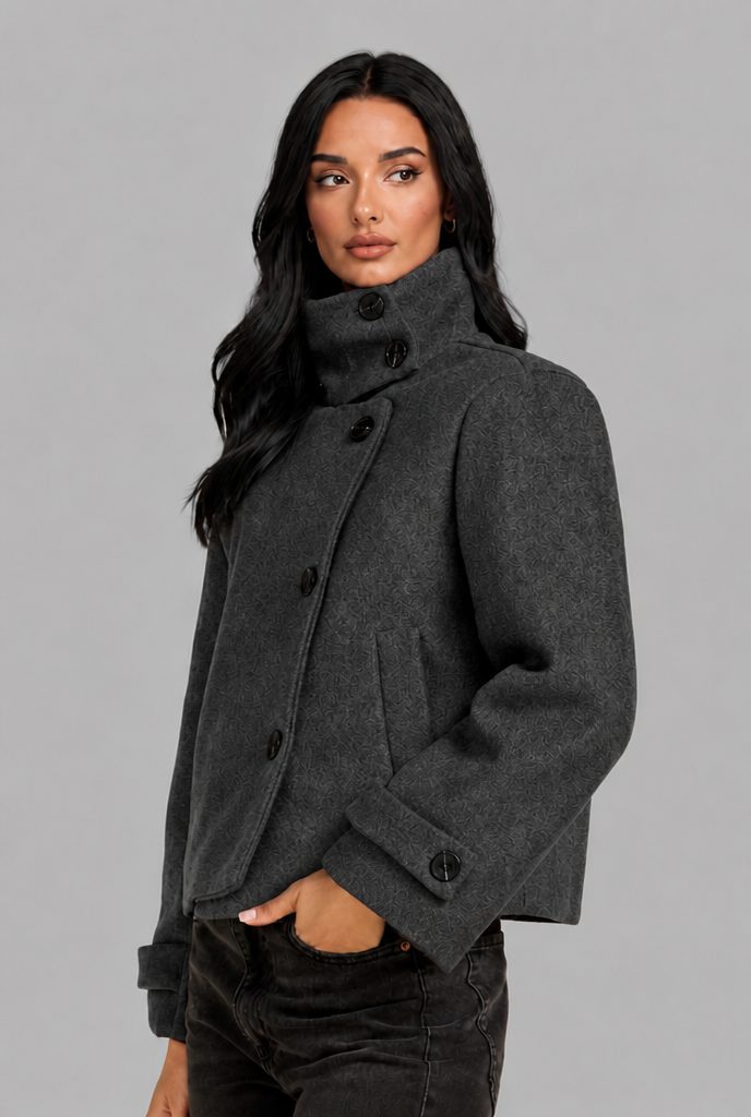 Cropped Funnel Neck Jacket with Asymmetric Buttons