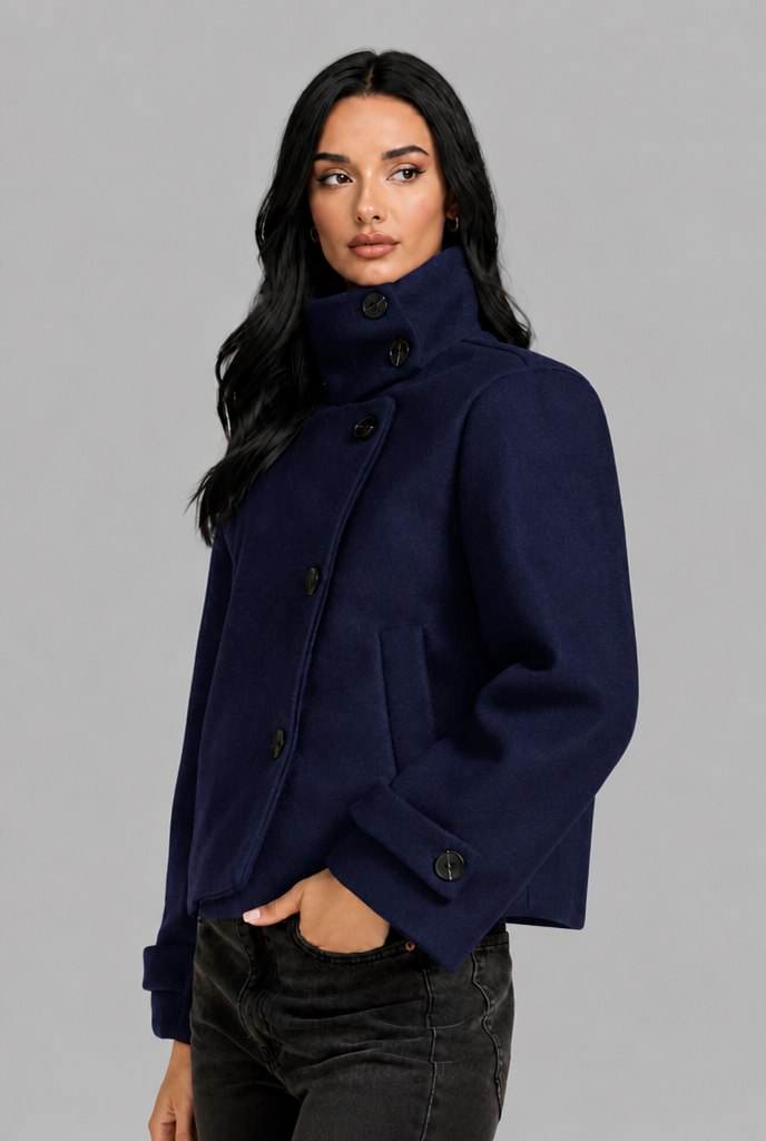 Cropped Funnel Neck Jacket with Asymmetric Buttons