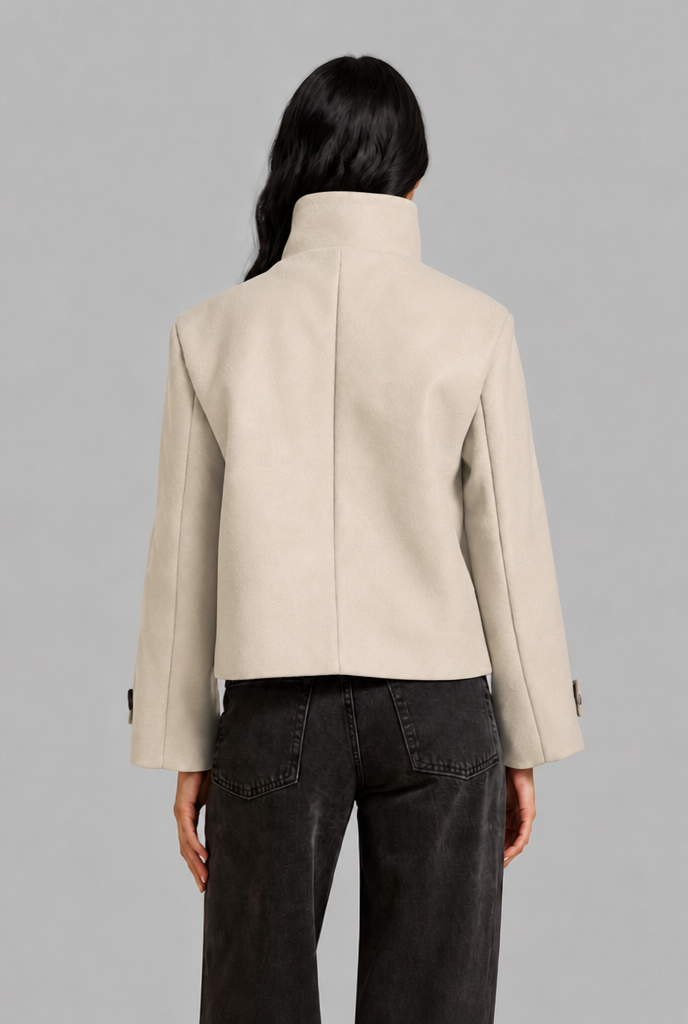 Cropped Funnel Neck Jacket with Asymmetric Buttons