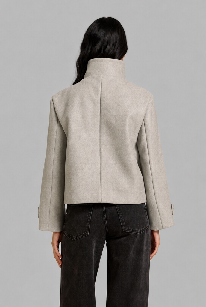 Cropped Funnel Neck Jacket with Asymmetric Buttons