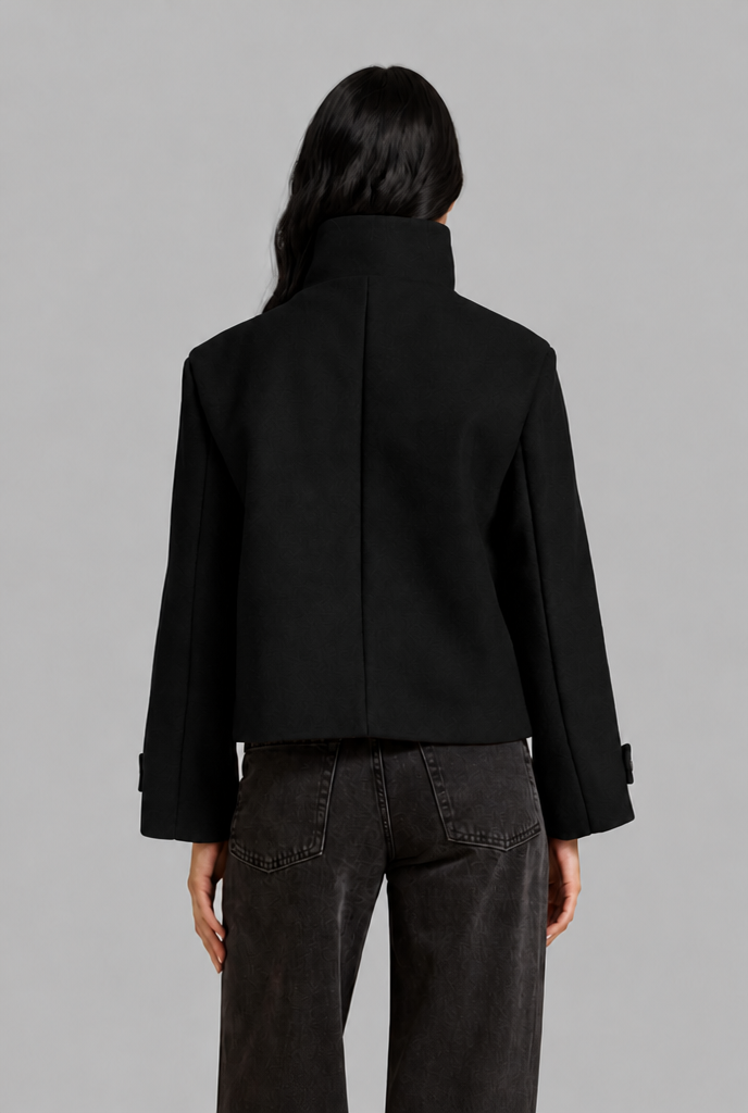 Cropped Funnel Neck Jacket with Asymmetric Buttons