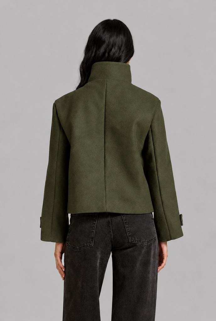 Cropped Funnel Neck Jacket with Asymmetric Buttons