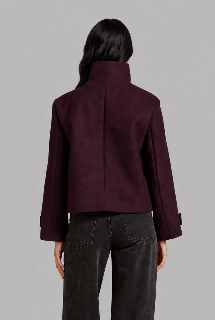 Cropped Funnel Neck Jacket with Asymmetric Buttons