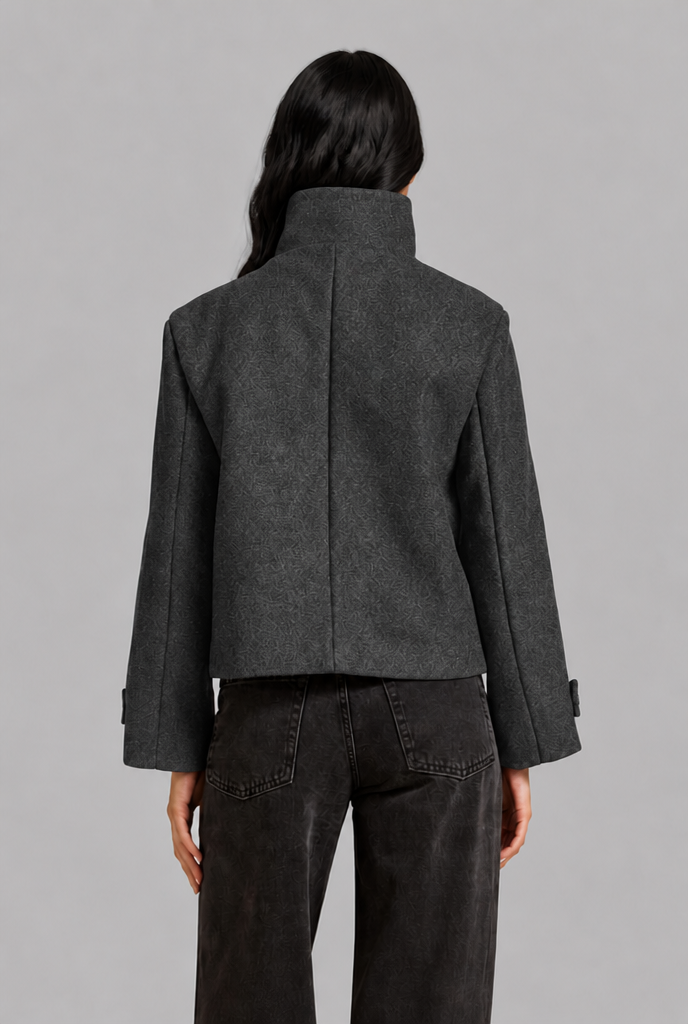 Cropped Funnel Neck Jacket with Asymmetric Buttons