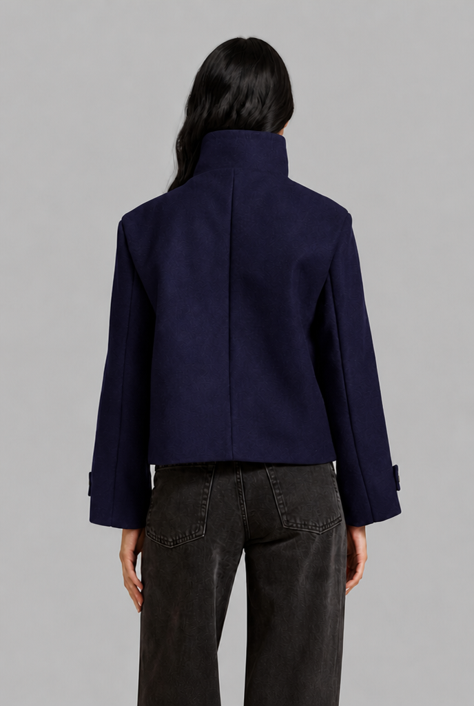 Cropped Funnel Neck Jacket with Asymmetric Buttons