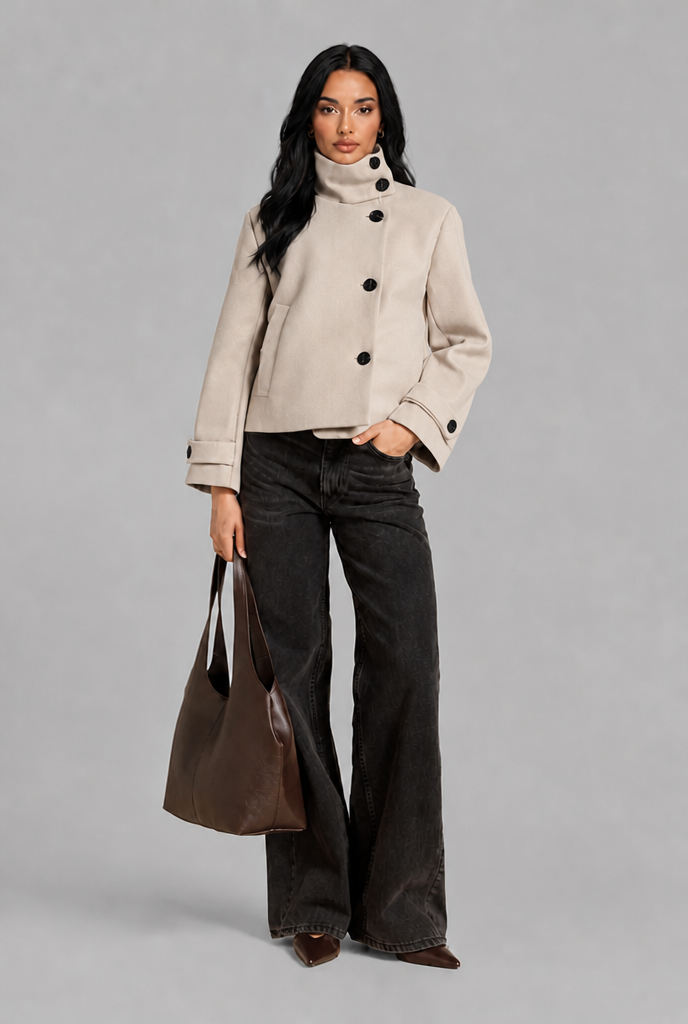 Cropped Funnel Neck Jacket with Asymmetric Buttons