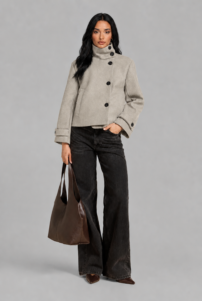 Cropped Funnel Neck Jacket with Asymmetric Buttons