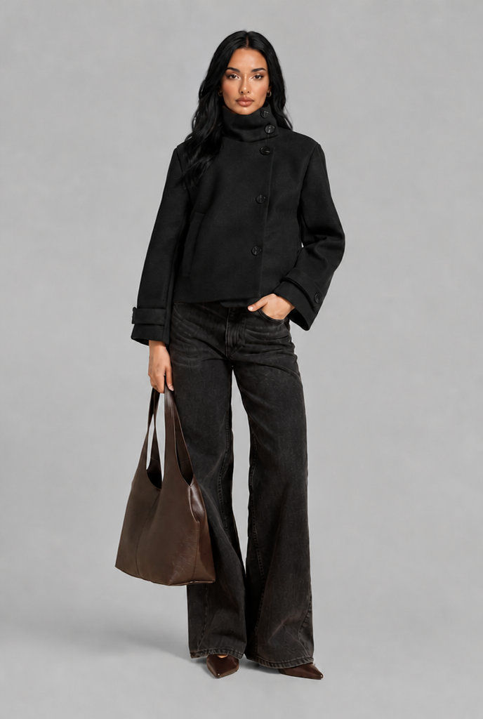 Cropped Funnel Neck Jacket with Asymmetric Buttons