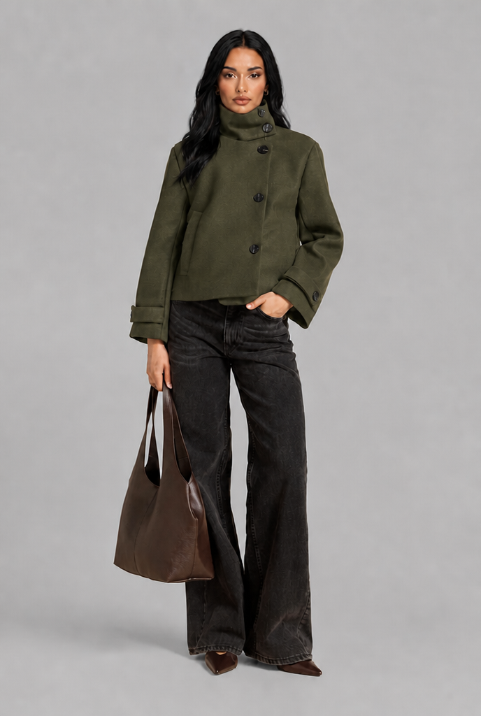 Cropped Funnel Neck Jacket with Asymmetric Buttons