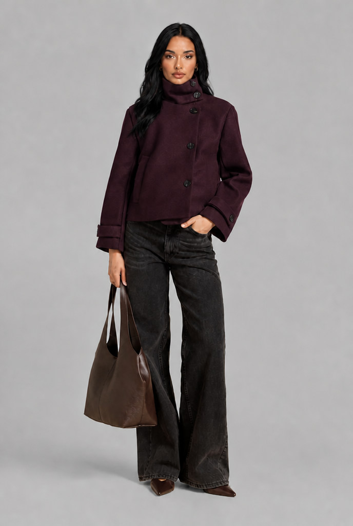 Cropped Funnel Neck Jacket with Asymmetric Buttons