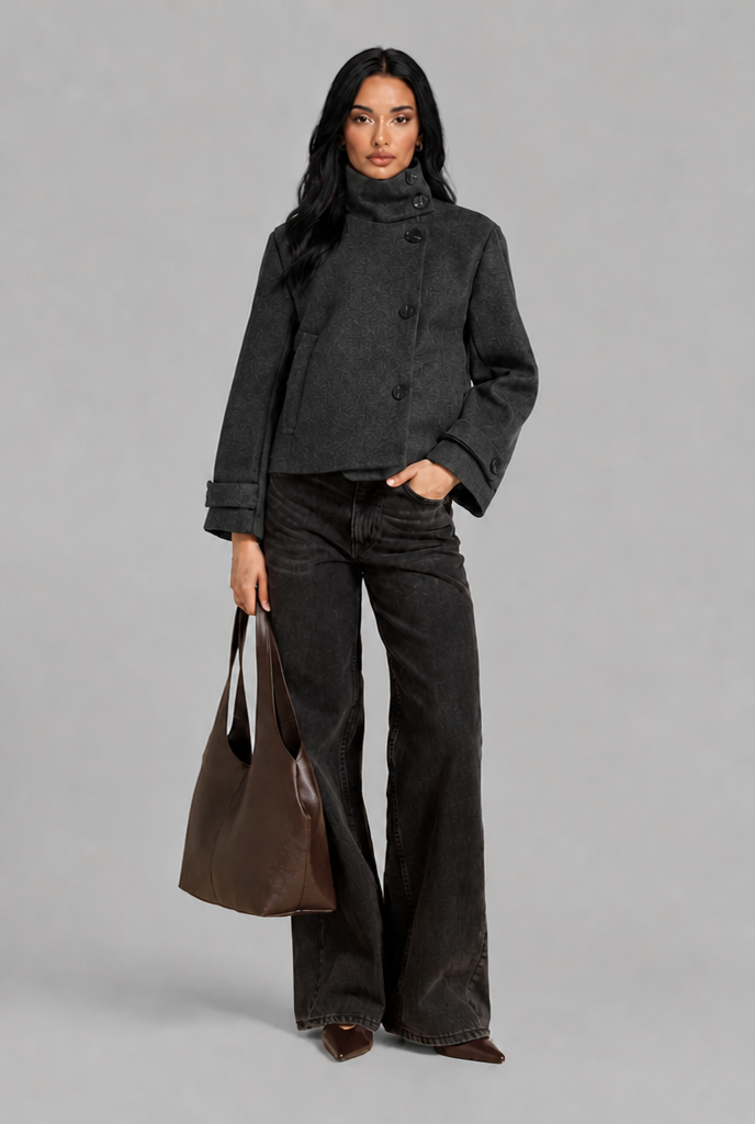 Cropped Funnel Neck Jacket with Asymmetric Buttons