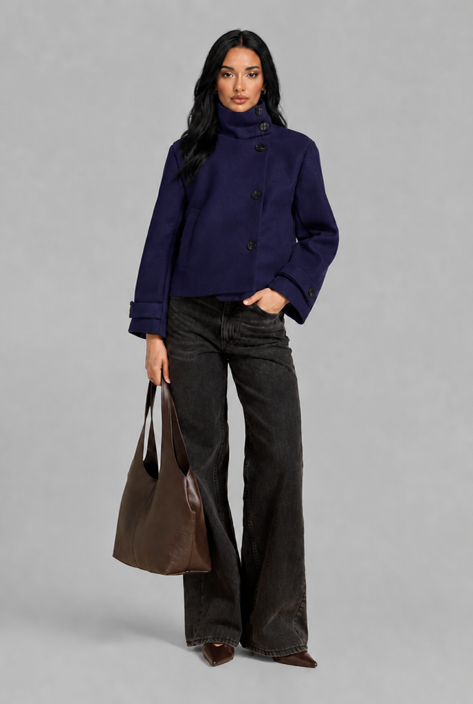 Cropped Funnel Neck Jacket with Asymmetric Buttons