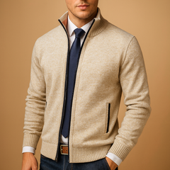 Men's Classic Zip-Up Cardigan with Side Pockets and Ribbed Trim