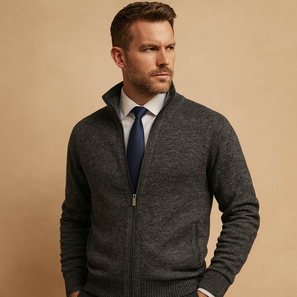Men's Classic Zip-Up Cardigan with Side Pockets and Ribbed Trim