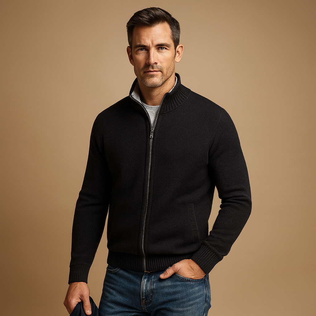 Men's Classic Zip-Up Cardigan with Side Pockets and Ribbed Trim