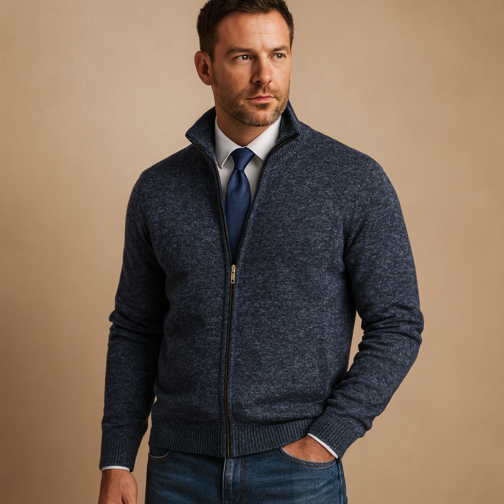 Men's Classic Zip-Up Cardigan with Side Pockets and Ribbed Trim