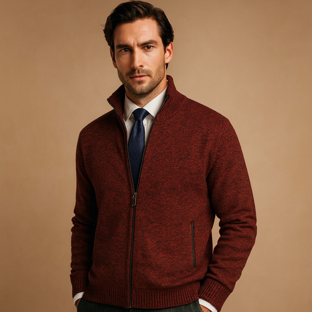 Men's Classic Zip-Up Cardigan with Side Pockets and Ribbed Trim