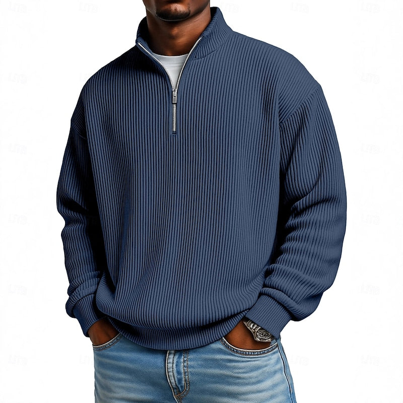 Men's Ribbed Quarter Zip Jumper with Stand Collar