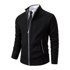 Men's Textured Full Zip Cardigan with Ribbed Collar and Pockets