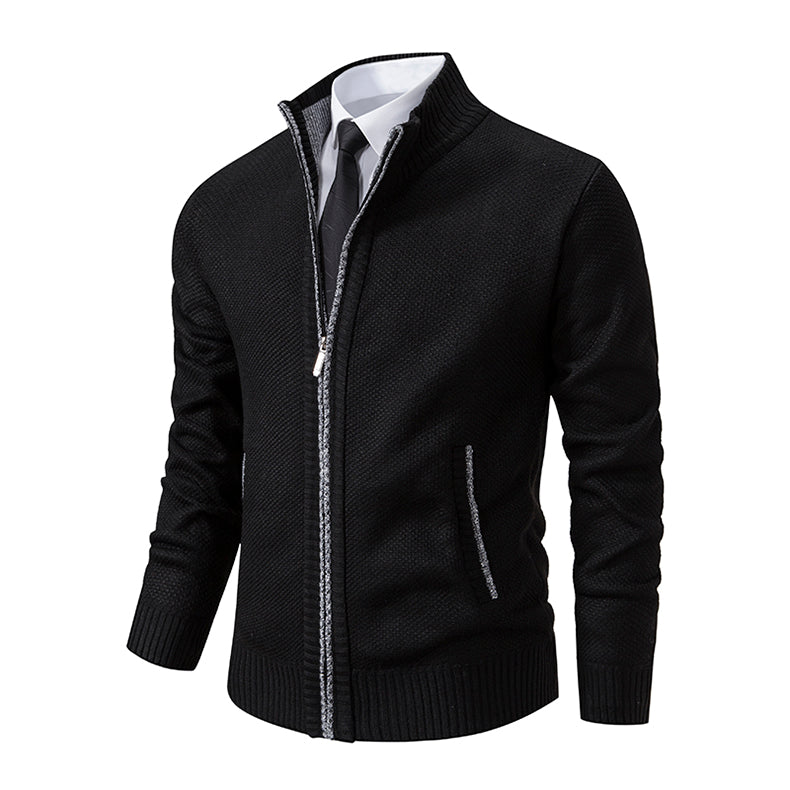 Men's Textured Full Zip Cardigan with Ribbed Collar and Pockets