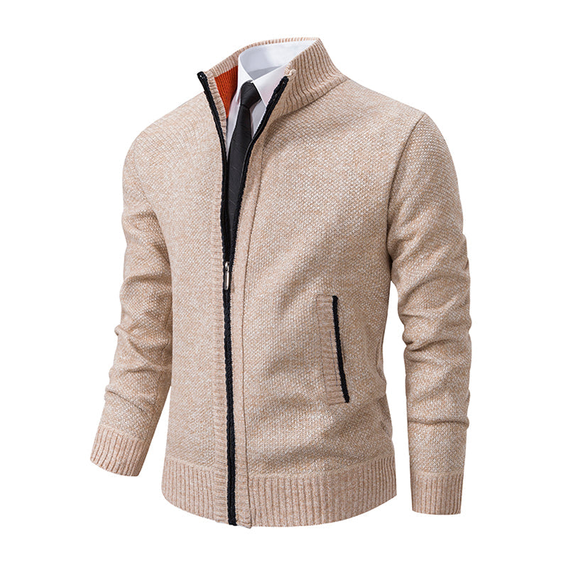 Men's Textured Full Zip Cardigan with Ribbed Collar and Pockets