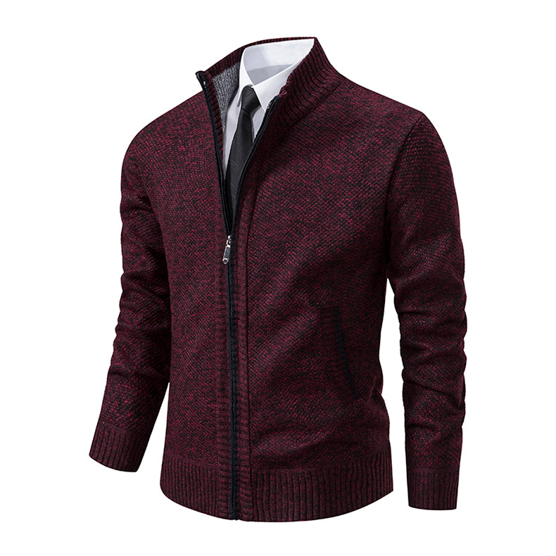 Men's Textured Full Zip Cardigan with Ribbed Collar and Pockets