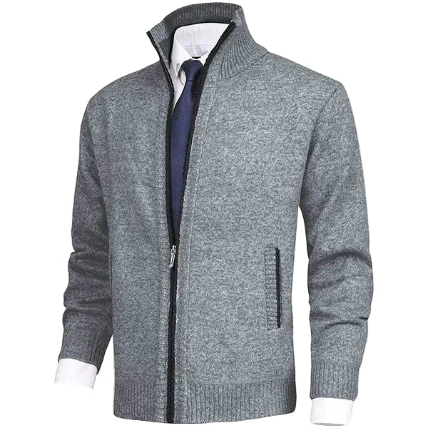 Men's Textured Full Zip Cardigan with Ribbed Collar and Pockets