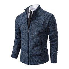 Men's Textured Full Zip Cardigan with Ribbed Collar and Pockets