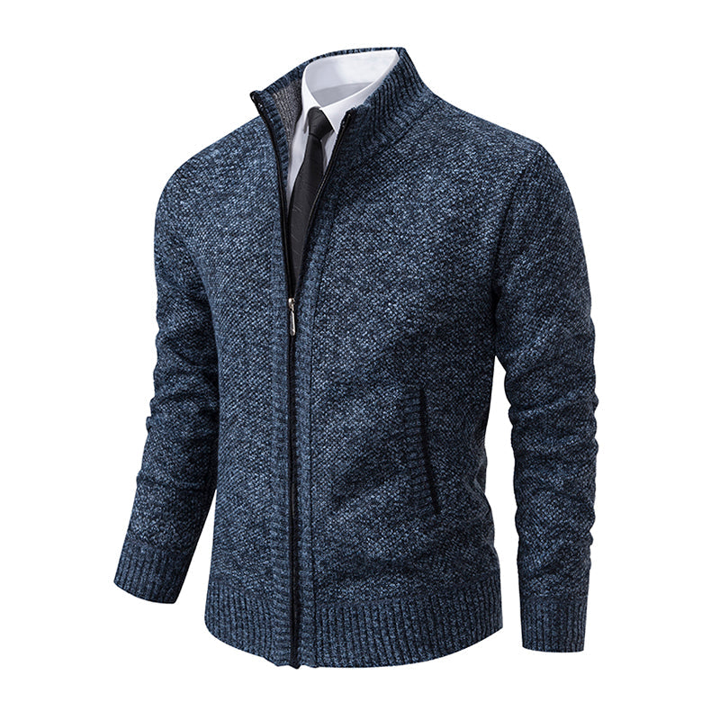 Men's Textured Full Zip Cardigan with Ribbed Collar and Pockets
