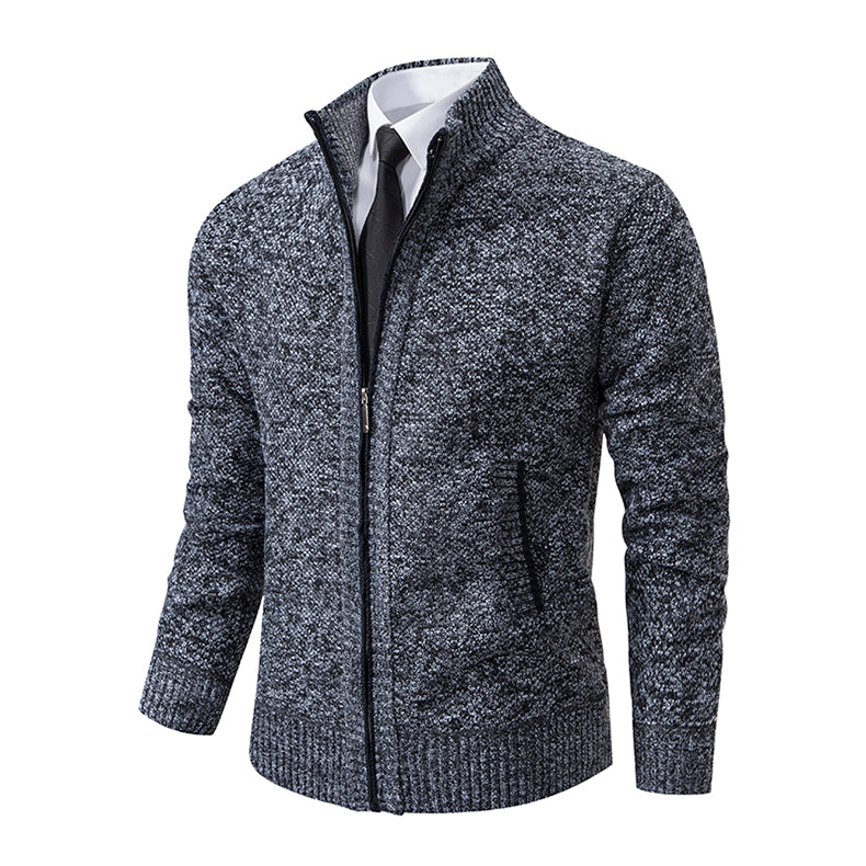 Men's Textured Full Zip Cardigan with Ribbed Collar and Pockets