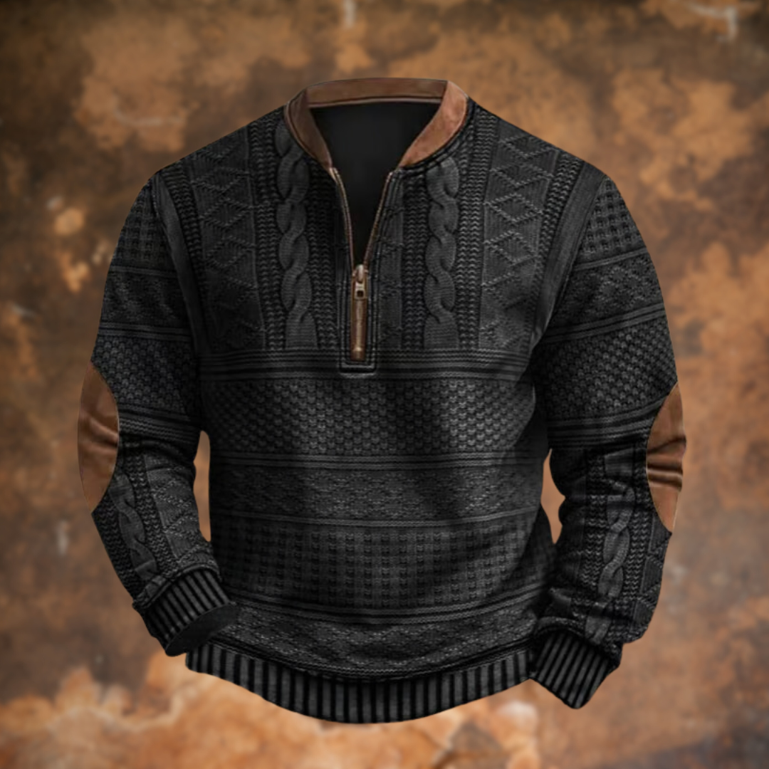 Men's Textured Half Zip Jumper with Contrast Elbow Patches