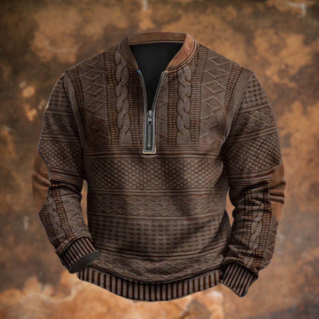 Men's Textured Half Zip Jumper with Contrast Elbow Patches