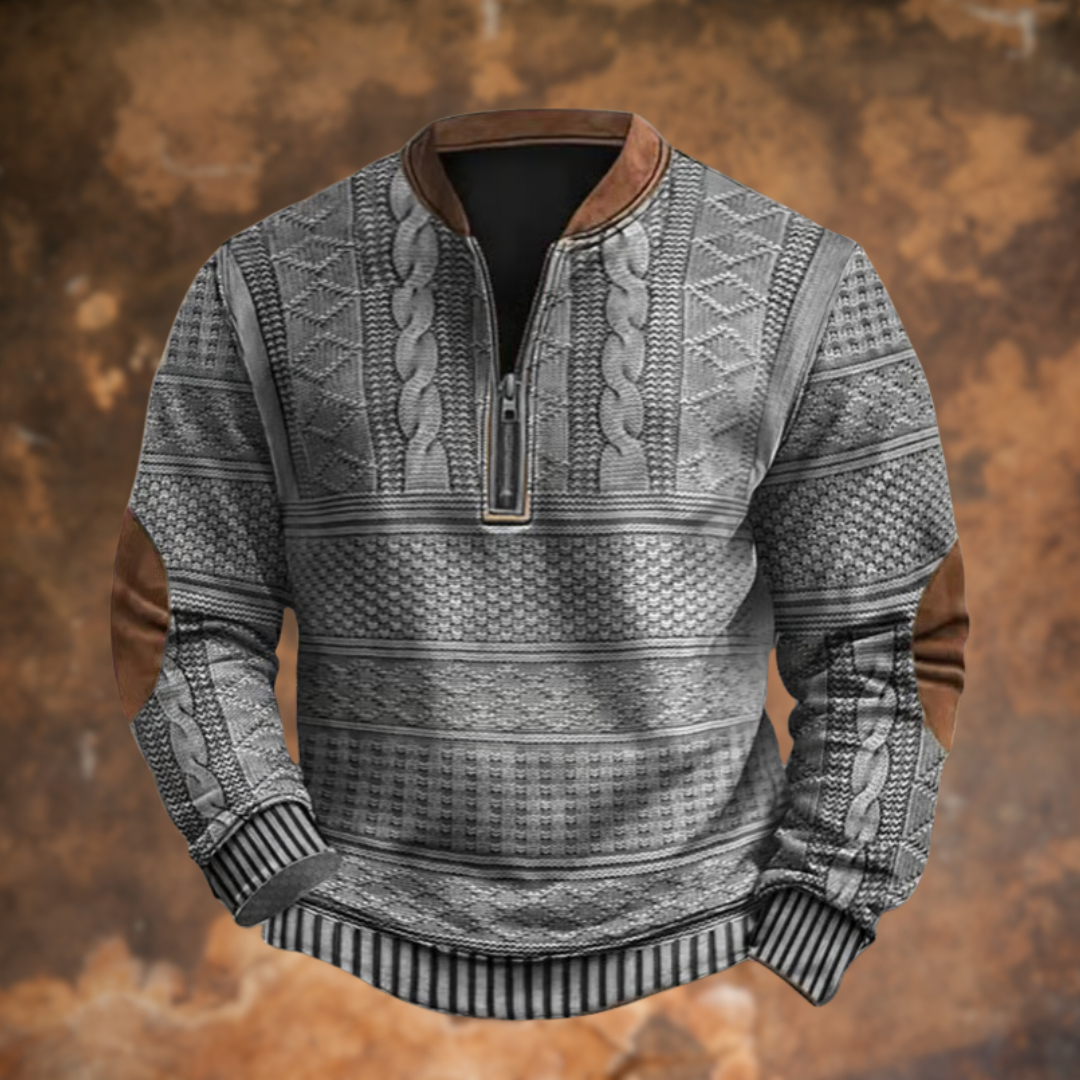 Men's Textured Half Zip Jumper with Contrast Elbow Patches