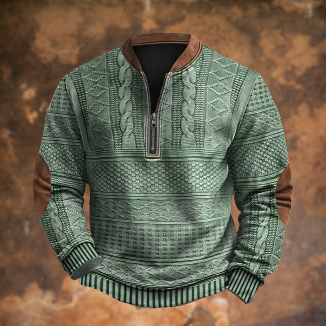 Men's Textured Half Zip Jumper with Contrast Elbow Patches