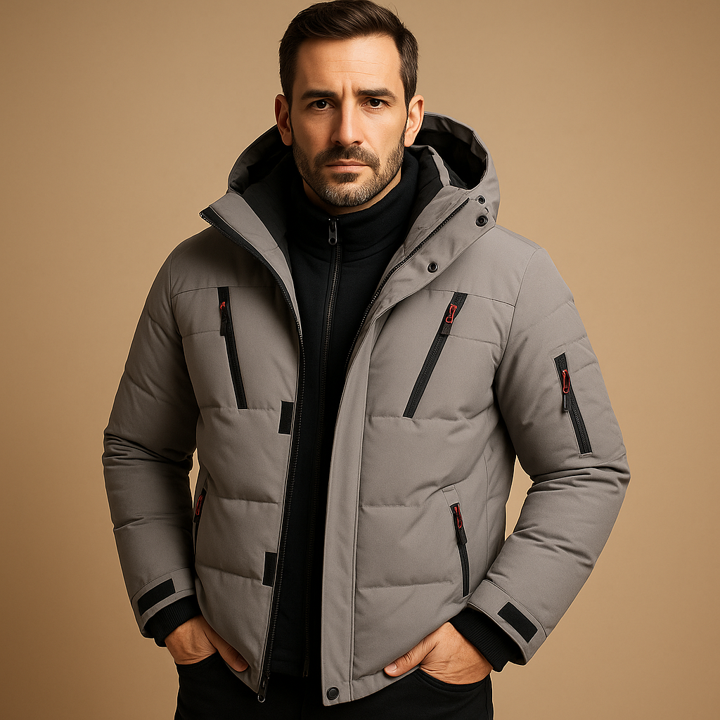Men's Thick Padded Winter Jacket with Zip Closure