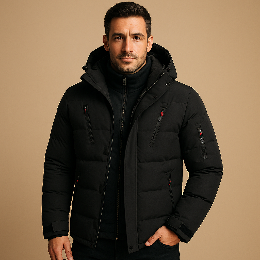 Men's Thick Padded Winter Jacket with Zip Closure