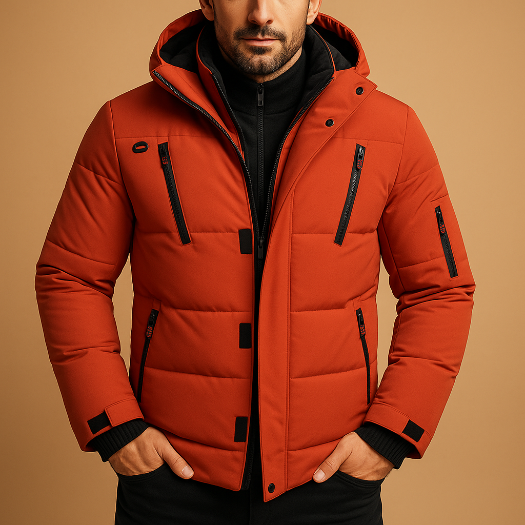 Men's Thick Padded Winter Jacket with Zip Closure