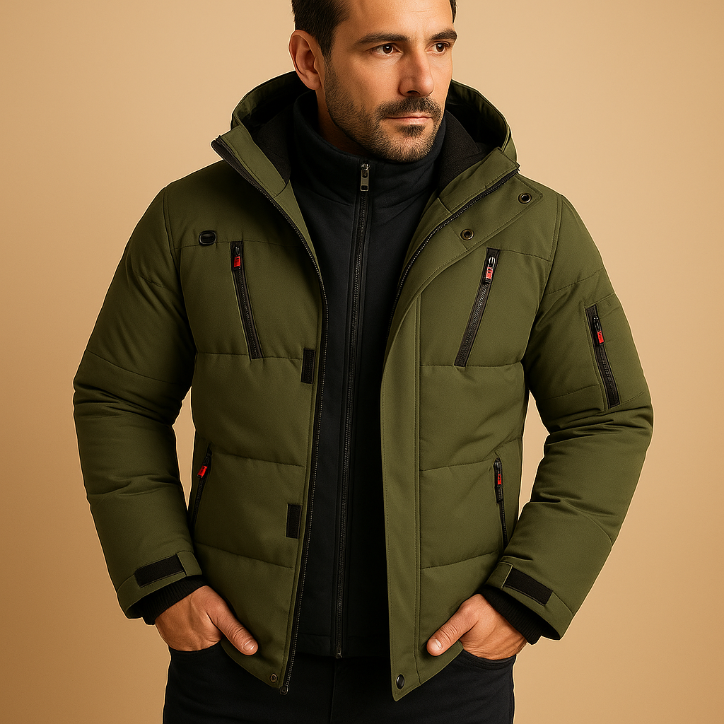 Men's Thick Padded Winter Jacket with Zip Closure