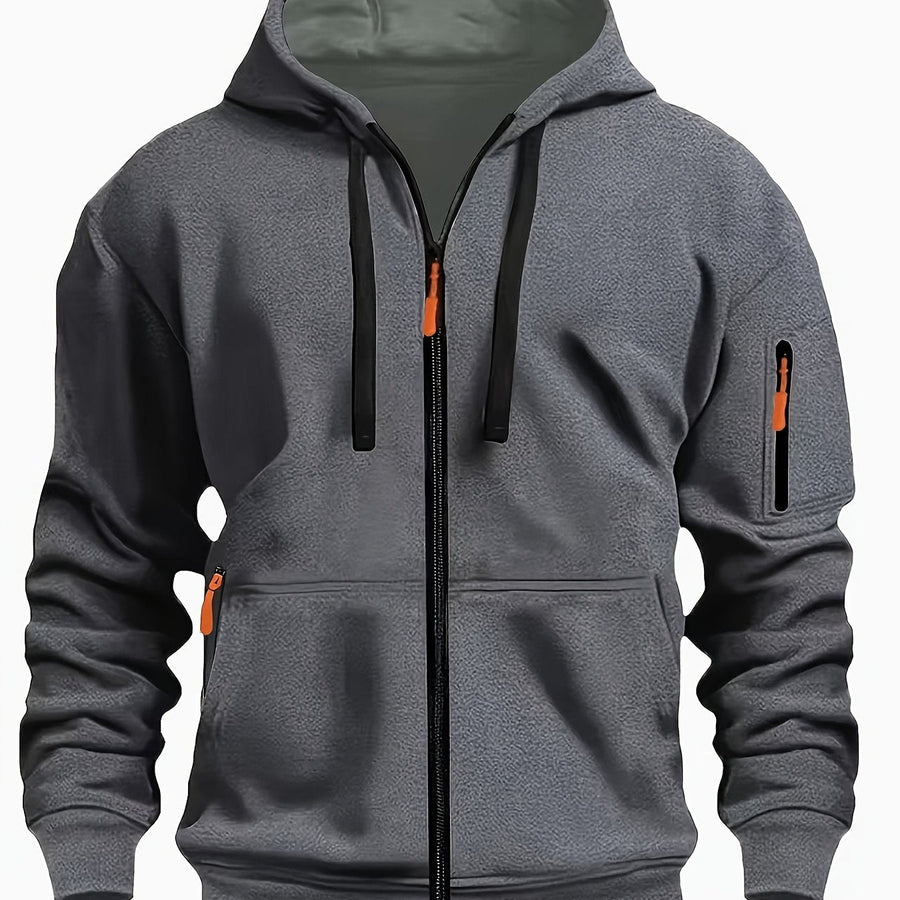 Men's Zip-Up Hoodie with Drawstring Hood and Sleeve Pocket
