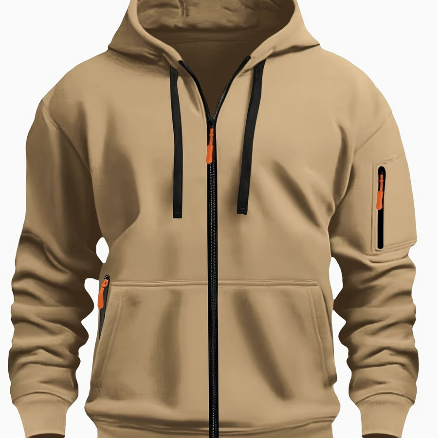 Men's Zip-Up Hoodie with Drawstring Hood and Sleeve Pocket