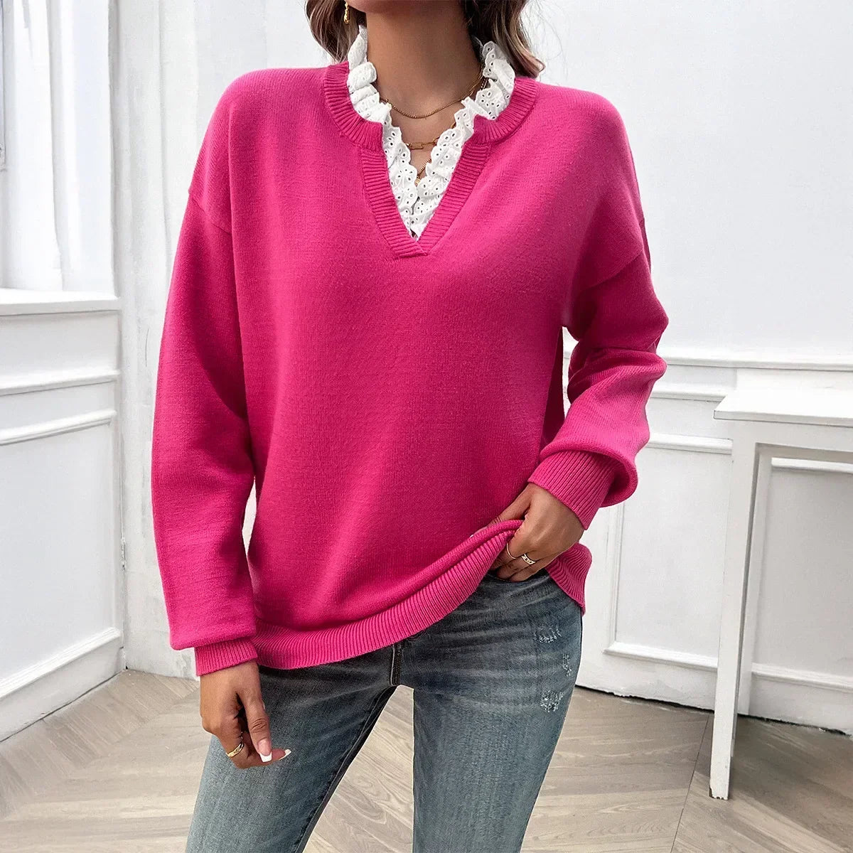 V-Neck Jumper with Lace Trim