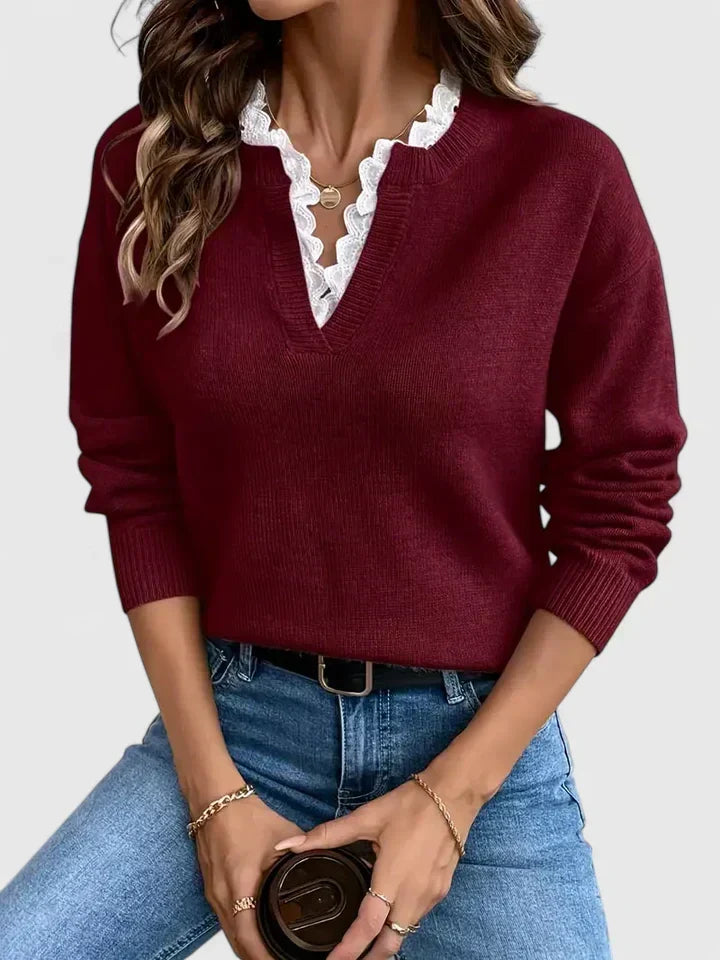 V-Neck Jumper with Lace Trim