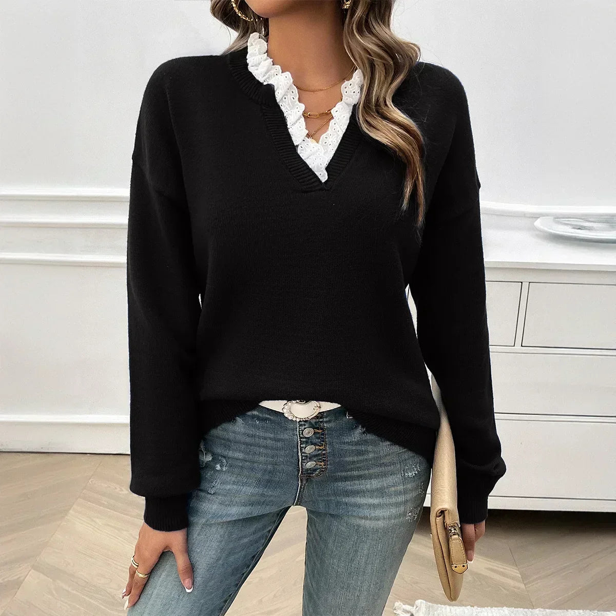V-Neck Jumper with Lace Trim