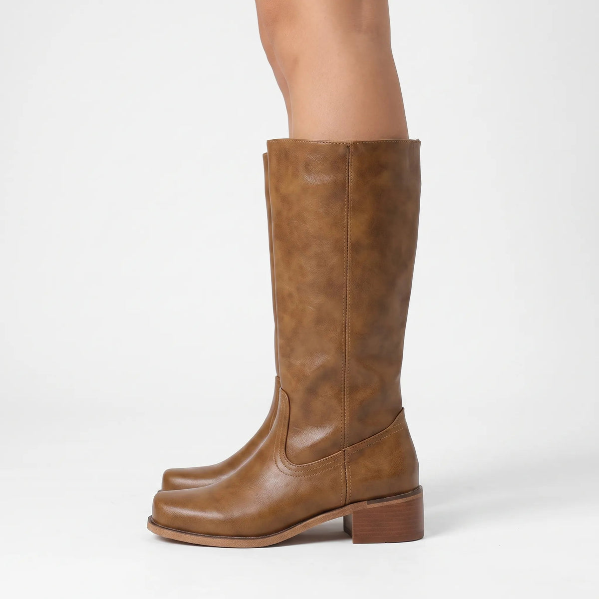 Camel Knee-High Boots with Block Heel