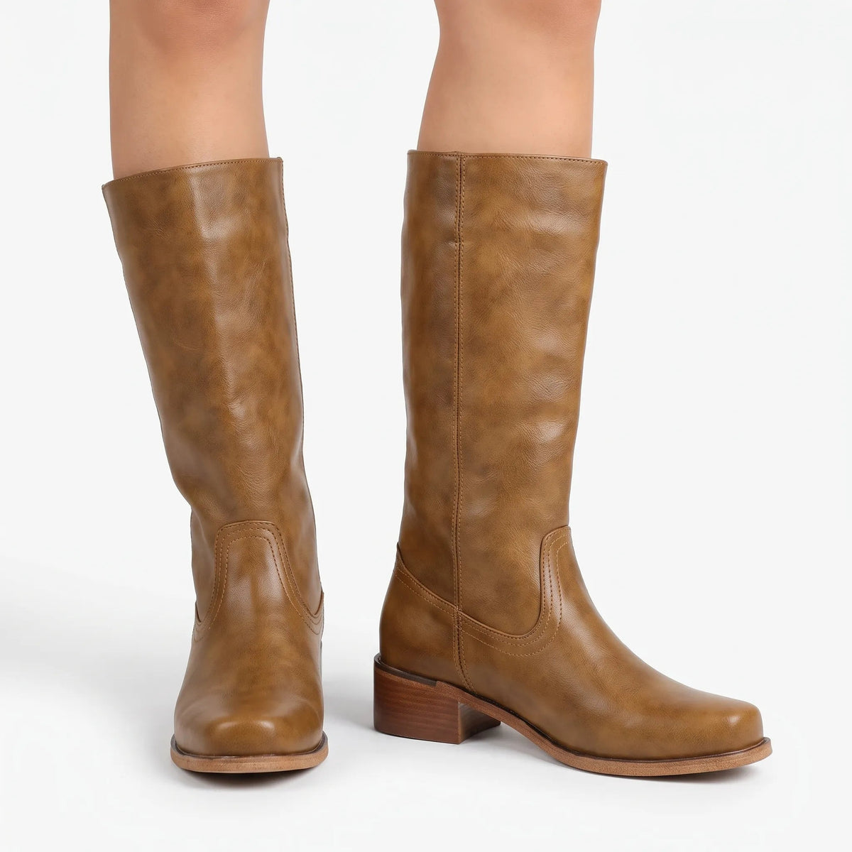 Camel Knee-High Boots with Block Heel