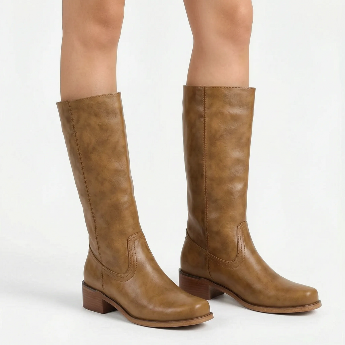 Camel Knee-High Boots with Block Heel